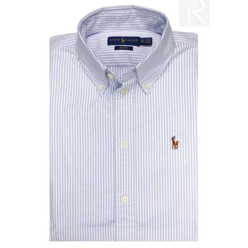 NWT Polo Women LS Classic Fit Oxford Shirt Blue/White Stripe MSRP $128.00